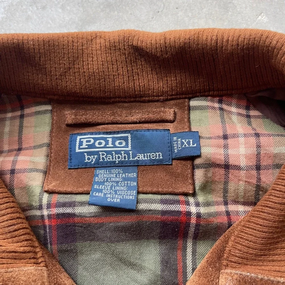 Polo Ralph Lauren Vintage Suede Leather Harrington Jacket Brown XL Plaid Lined